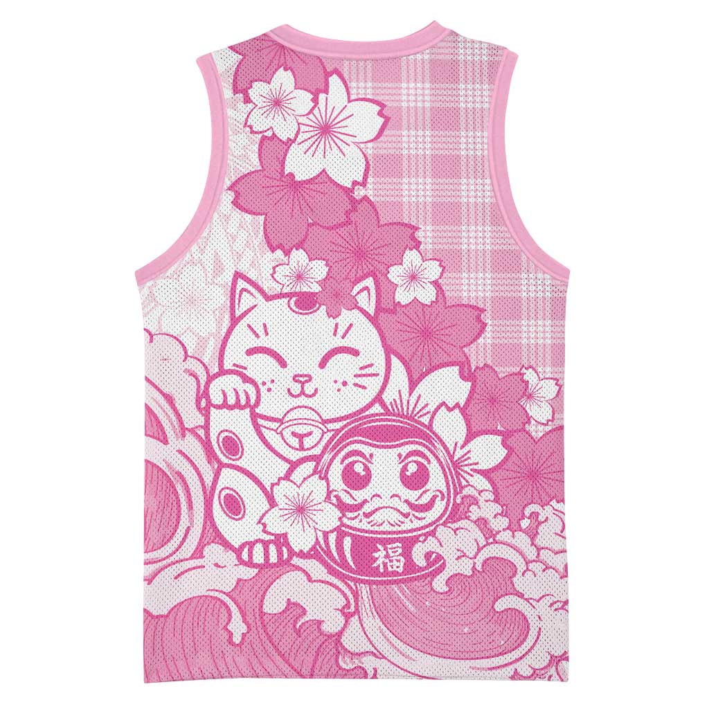 Pink Palaka Hawaiian And Japanese Basketball Jersey Maneki Neko And Sakura Bloom DT05 - Polynesian Pride