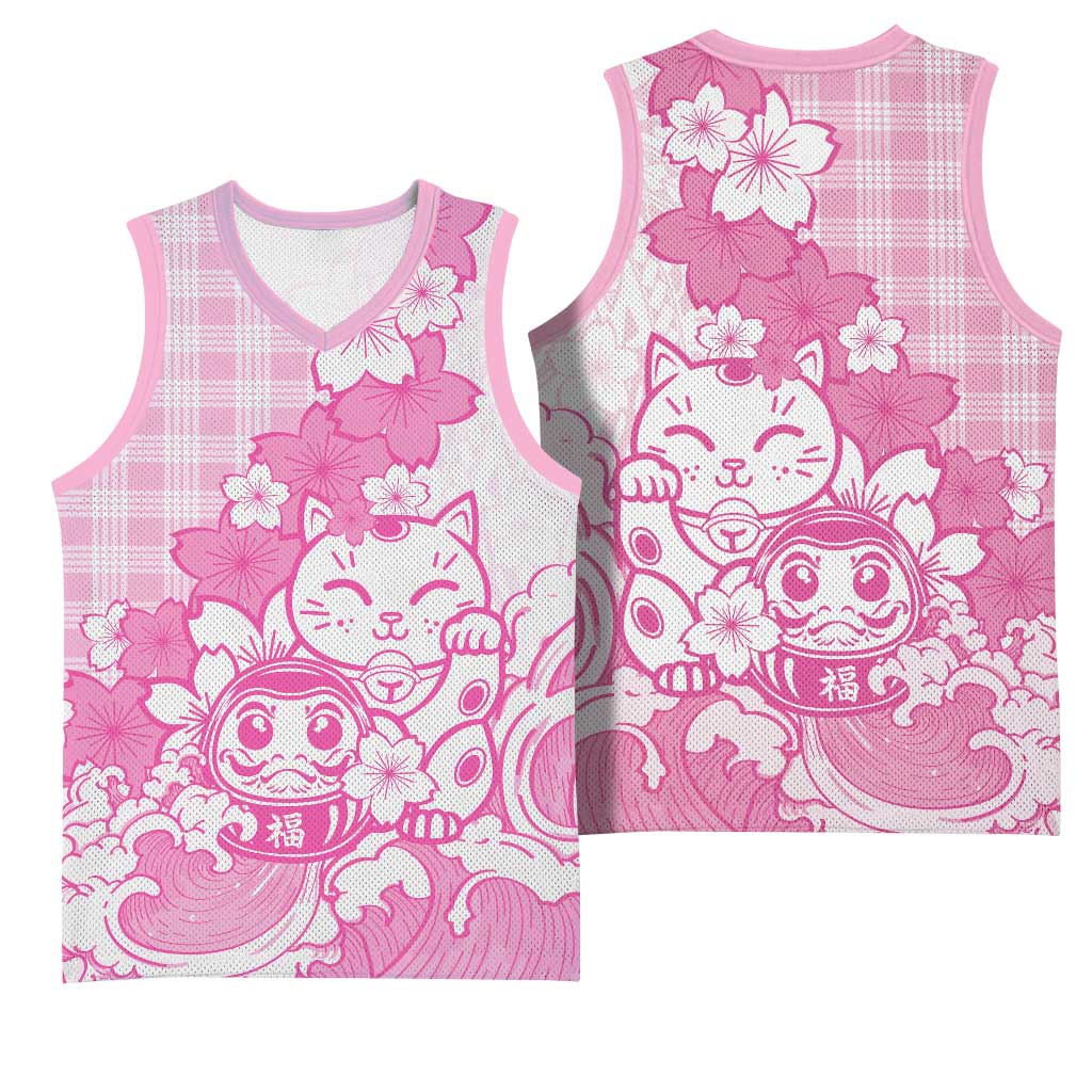 Pink Palaka Hawaiian And Japanese Basketball Jersey Maneki Neko And Sakura Bloom DT05 - Polynesian Pride