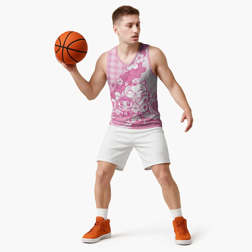 Pink Palaka Hawaiian And Japanese Basketball Jersey Maneki Neko And Sakura Bloom DT05 - Polynesian Pride