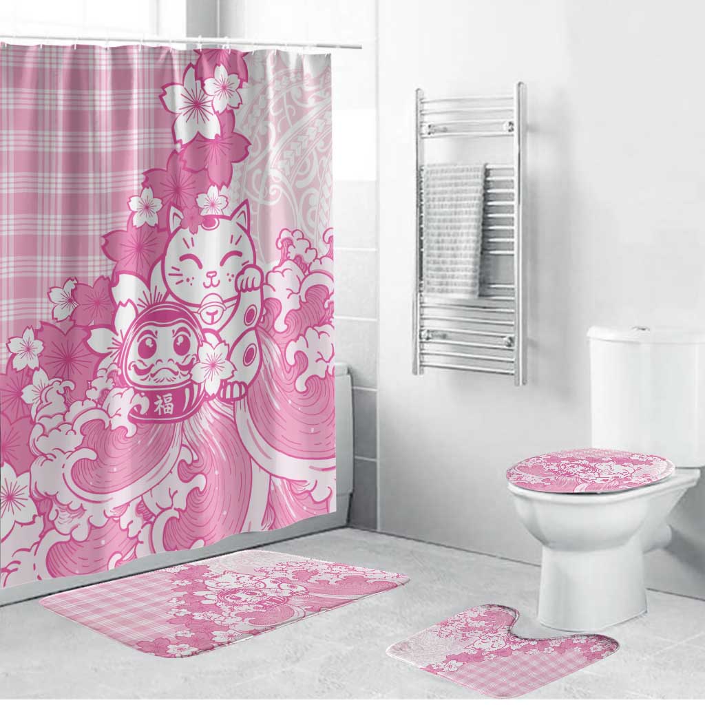 Pink Palaka Hawaiian And Japanese Bathroom Set Maneki Neko And Sakura Bloom DT05 Bathroom Set (4 pcs) Pink - Polynesian Pride
