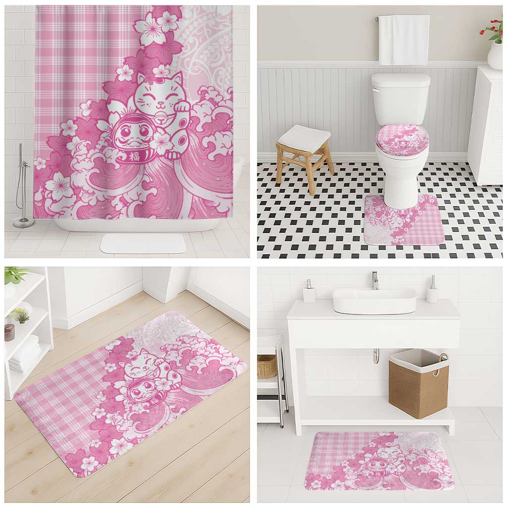 Pink Palaka Hawaiian And Japanese Bathroom Set Maneki Neko And Sakura Bloom DT05 - Polynesian Pride