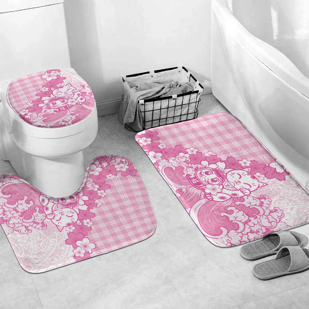 Pink Palaka Hawaiian And Japanese Bathroom Set Maneki Neko And Sakura Bloom DT05 Mat Set Only (3 pcs) One Size Pink - Polynesian Pride