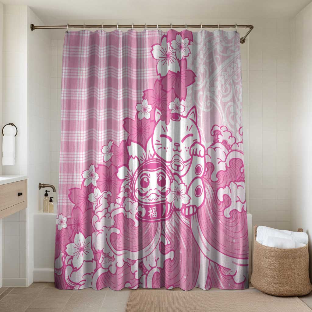 Pink Palaka Hawaiian And Japanese Bathroom Set Maneki Neko And Sakura Bloom DT05 Shower Curtain Only Pink - Polynesian Pride
