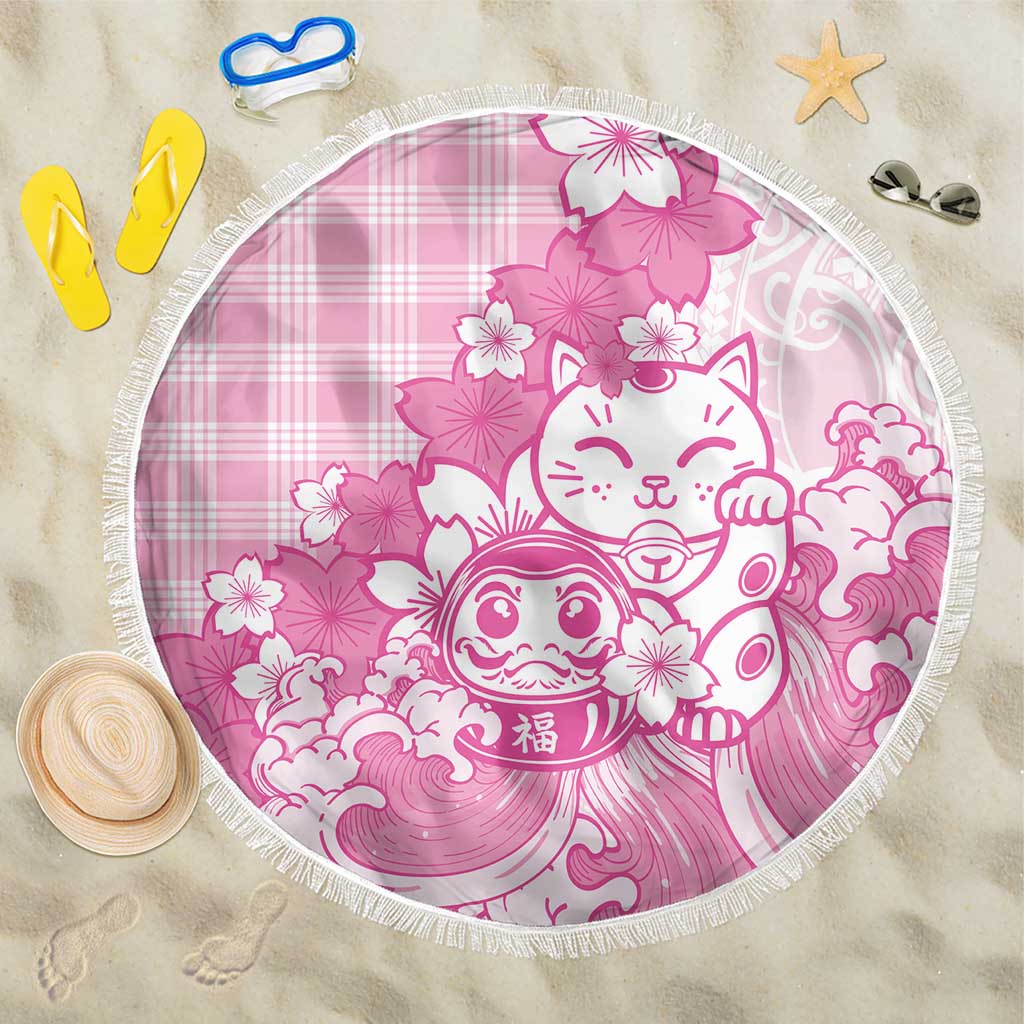 Pink Palaka Hawaiian And Japanese Beach Blanket Maneki Neko And Sakura Bloom DT05 One Size 150cm Pink - Polynesian Pride