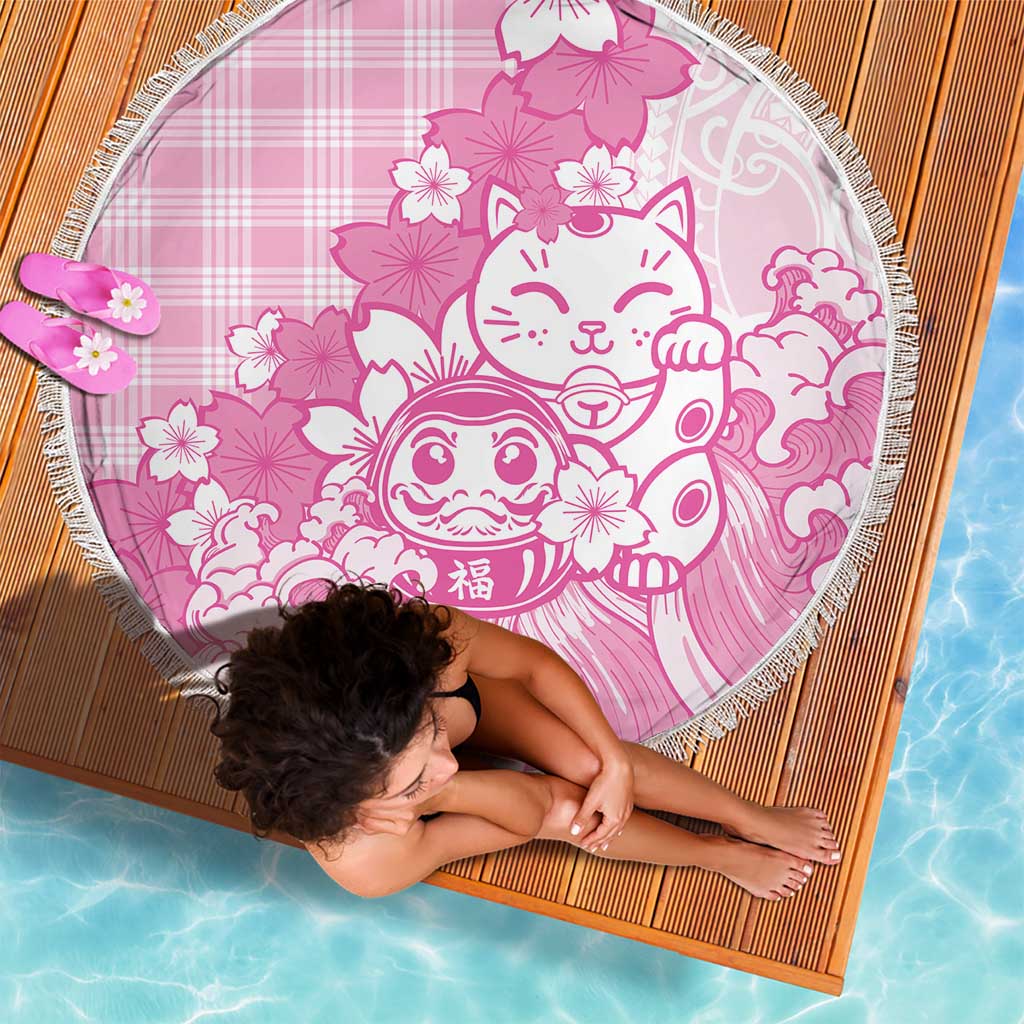 Pink Palaka Hawaiian And Japanese Beach Blanket Maneki Neko And Sakura Bloom DT05 - Polynesian Pride