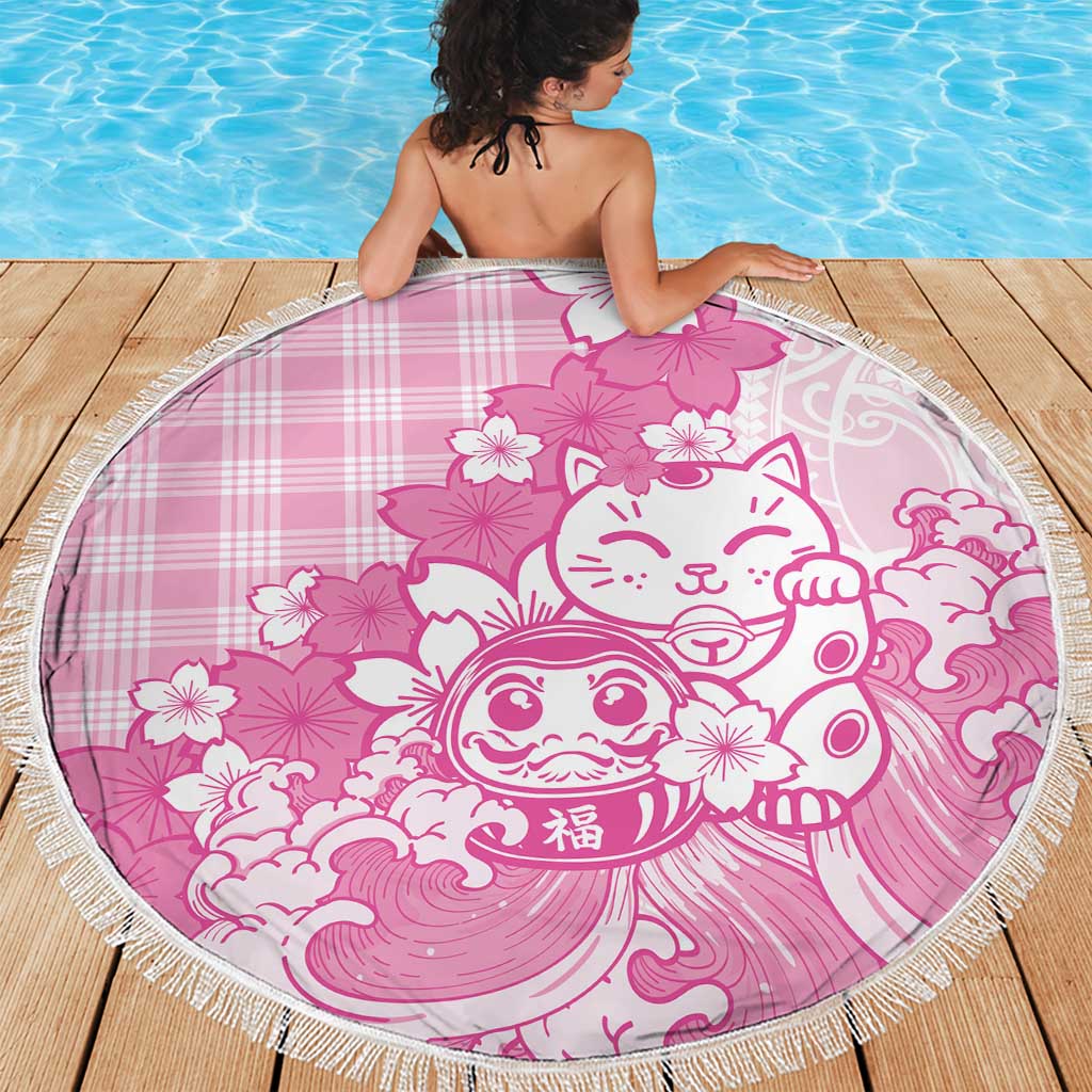 Pink Palaka Hawaiian And Japanese Beach Blanket Maneki Neko And Sakura Bloom DT05 - Polynesian Pride