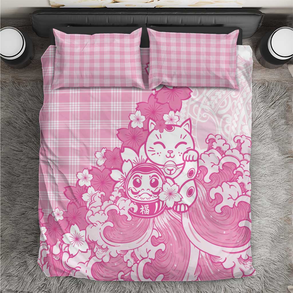 Pink Palaka Hawaiian And Japanese Bedding Set Maneki Neko And Sakura Bloom DT05 Pink - Polynesian Pride