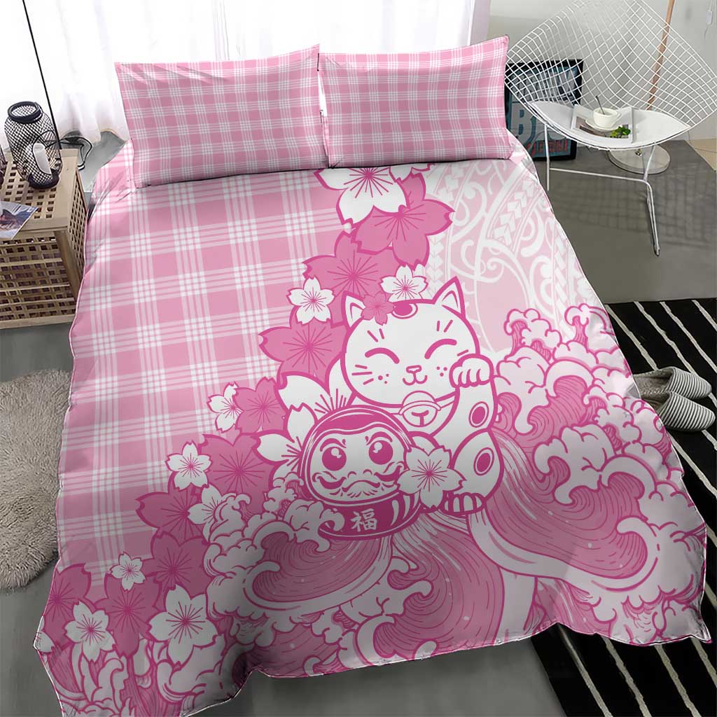 Pink Palaka Hawaiian And Japanese Bedding Set Maneki Neko And Sakura Bloom DT05 - Polynesian Pride