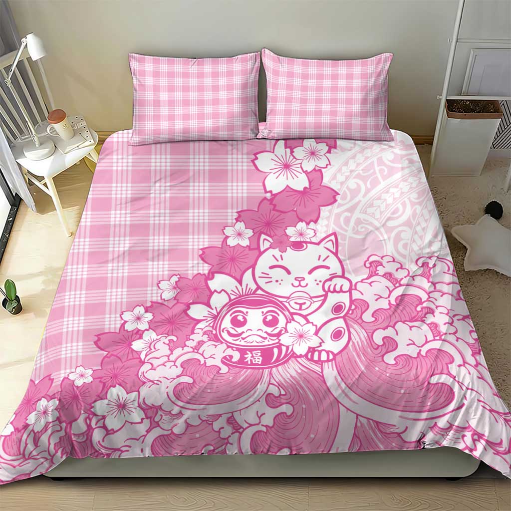 Pink Palaka Hawaiian And Japanese Bedding Set Maneki Neko And Sakura Bloom DT05 - Polynesian Pride