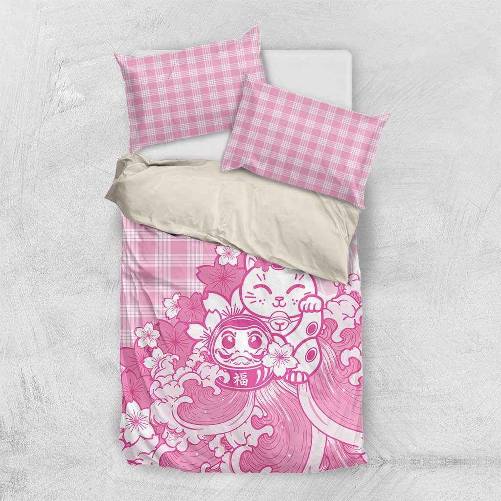 Pink Palaka Hawaiian And Japanese Bedding Set Maneki Neko And Sakura Bloom DT05 US Twin 172cm x 218cm Pink - Polynesian Pride