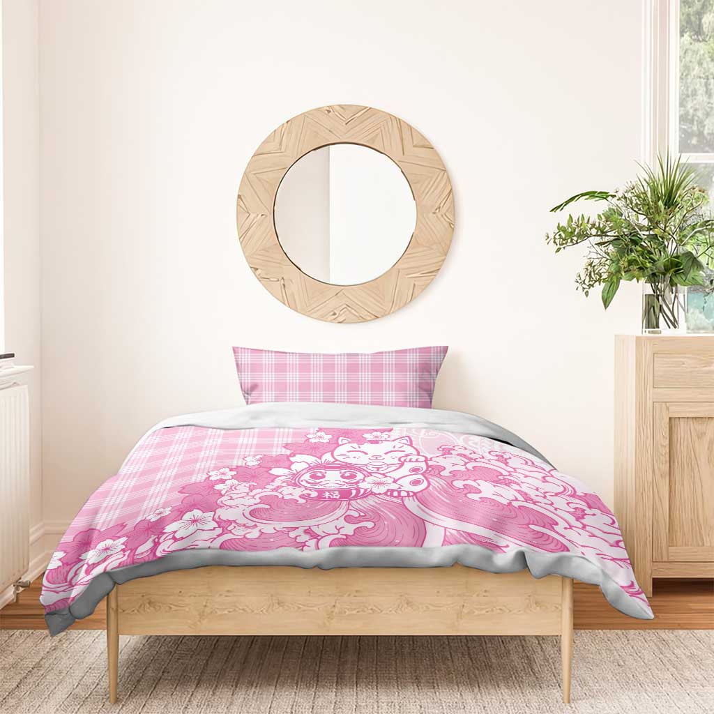 Pink Palaka Hawaiian And Japanese Bedding Set Maneki Neko And Sakura Bloom DT05 - Polynesian Pride