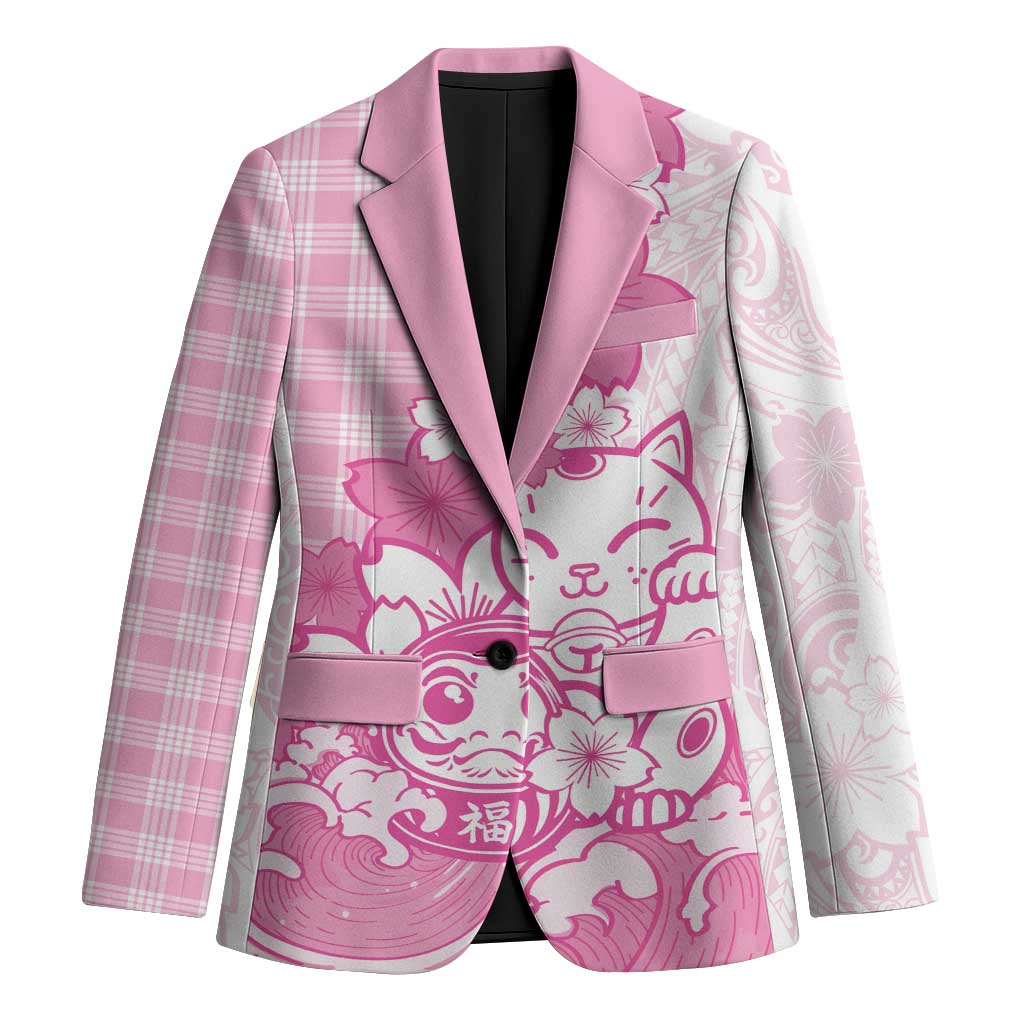 Pink Palaka Hawaiian And Japanese Blazer Maneki Neko And Sakura Bloom DT05 Unisex Pink - Polynesian Pride