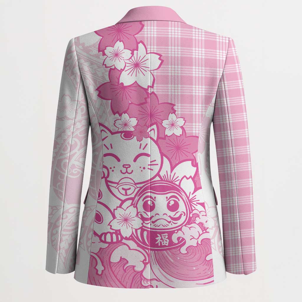Pink Palaka Hawaiian And Japanese Blazer Maneki Neko And Sakura Bloom DT05 - Polynesian Pride