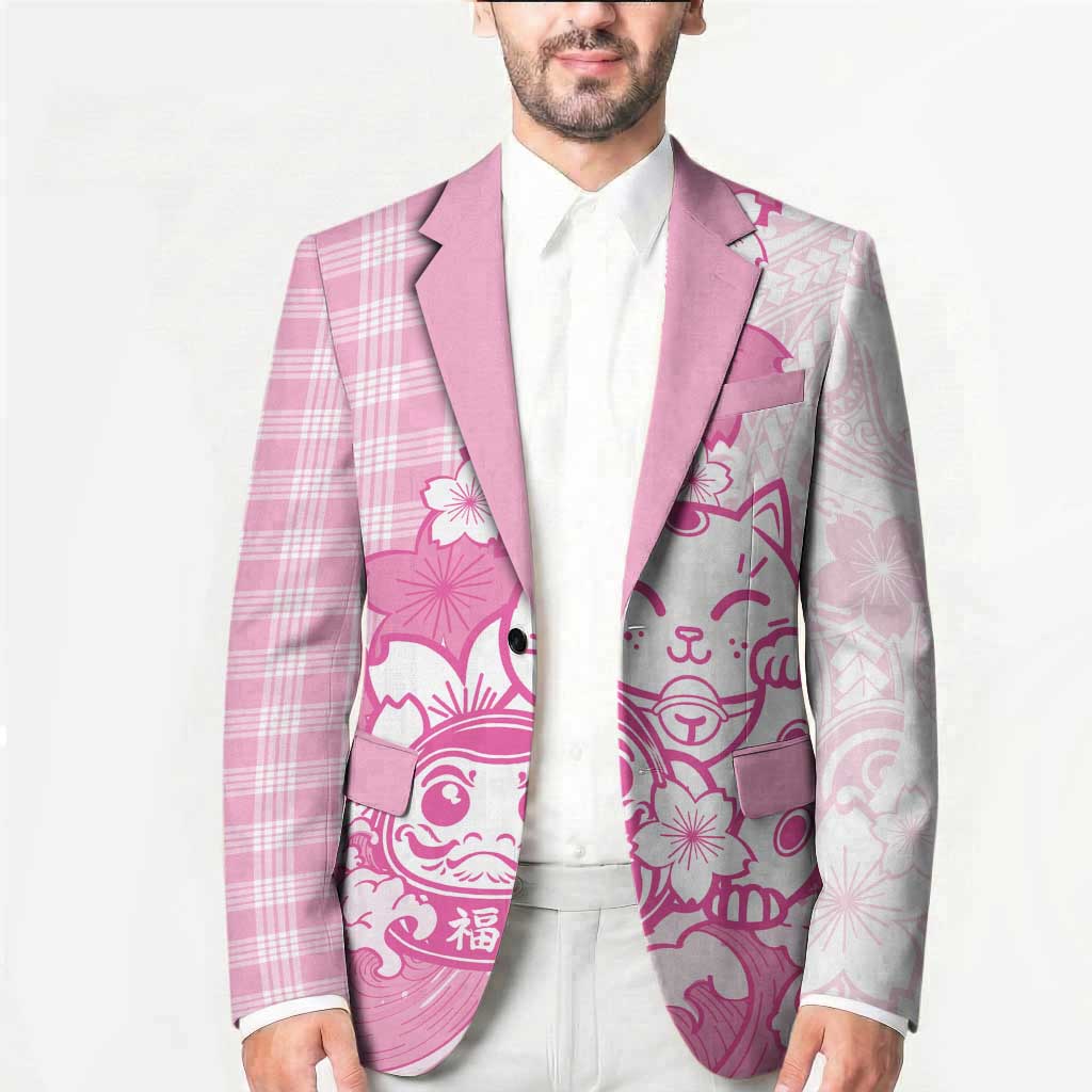 Pink Palaka Hawaiian And Japanese Blazer Maneki Neko And Sakura Bloom DT05 - Polynesian Pride