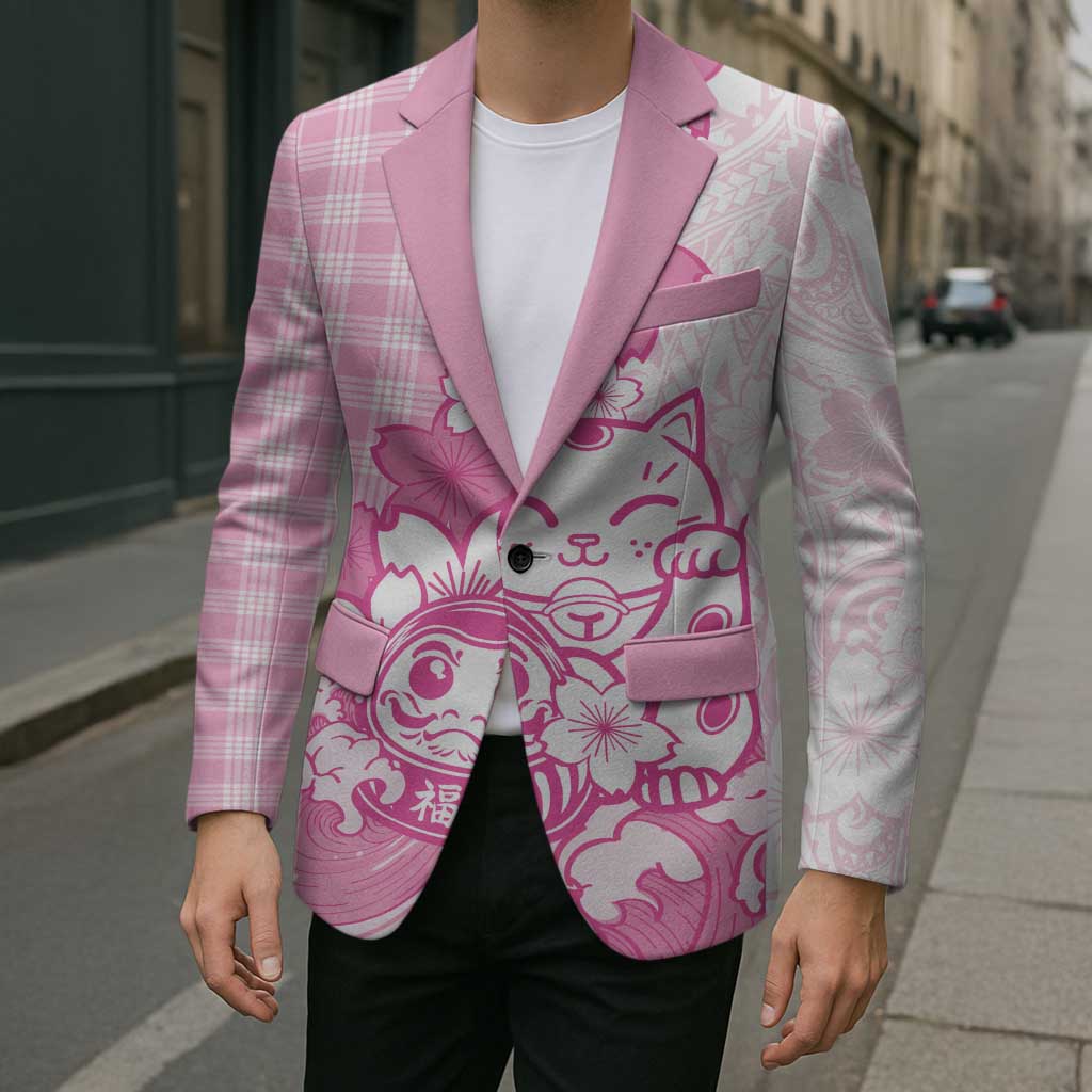 Pink Palaka Hawaiian And Japanese Blazer Maneki Neko And Sakura Bloom DT05 - Polynesian Pride