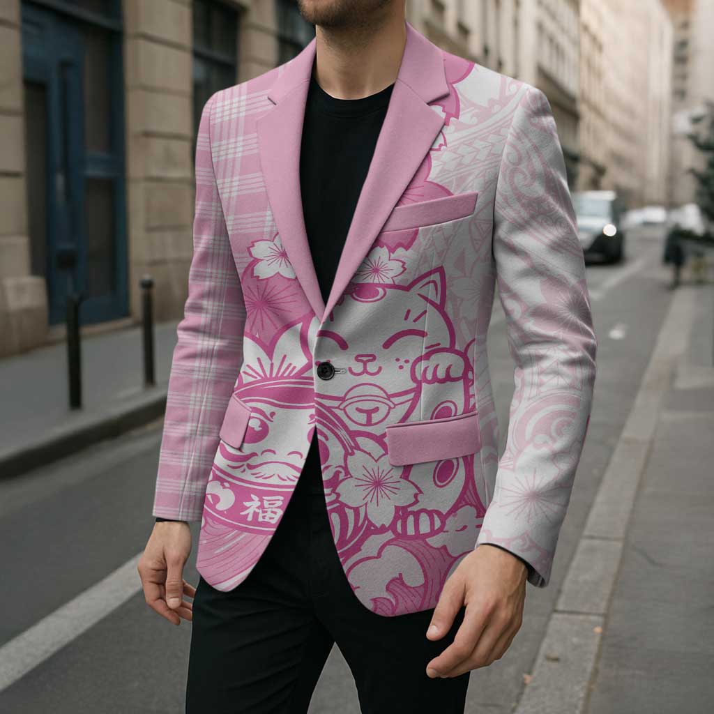 Pink Palaka Hawaiian And Japanese Blazer Maneki Neko And Sakura Bloom DT05 - Polynesian Pride