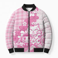 Pink Palaka Hawaiian And Japanese Bomber Puffer Jacket Maneki Neko And Sakura Bloom DT05 Unisex Pink - Polynesian Pride