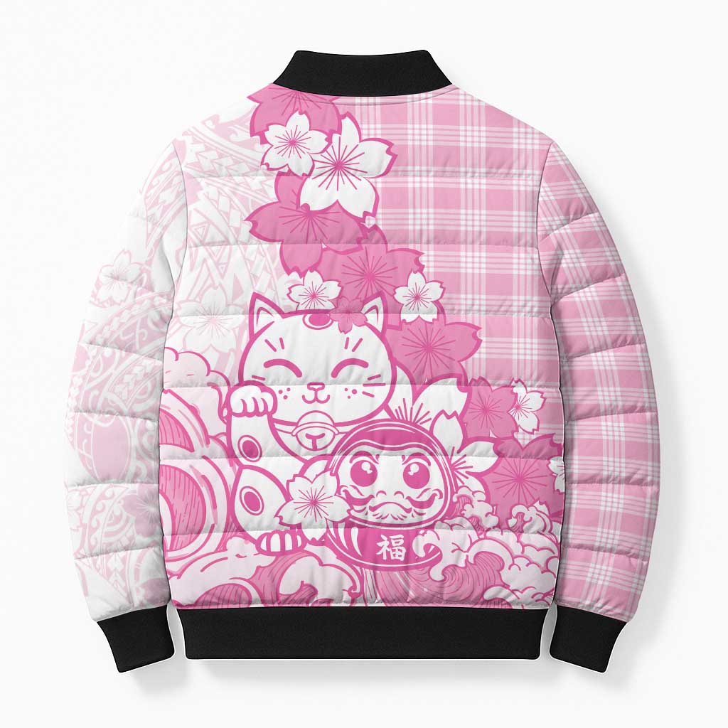 Pink Palaka Hawaiian And Japanese Bomber Puffer Jacket Maneki Neko And Sakura Bloom DT05 - Polynesian Pride