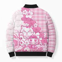 Pink Palaka Hawaiian And Japanese Bomber Puffer Jacket Maneki Neko And Sakura Bloom DT05 - Polynesian Pride