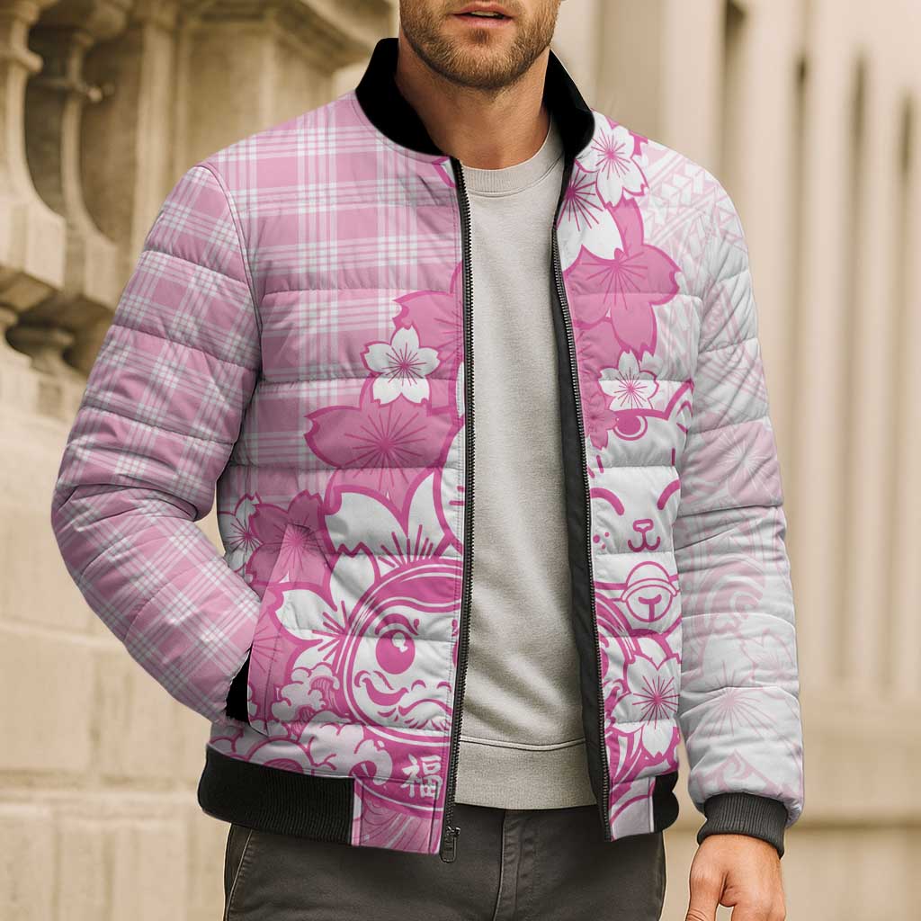 Pink Palaka Hawaiian And Japanese Bomber Puffer Jacket Maneki Neko And Sakura Bloom DT05 - Polynesian Pride