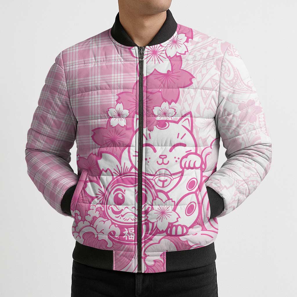Pink Palaka Hawaiian And Japanese Bomber Puffer Jacket Maneki Neko And Sakura Bloom DT05 - Polynesian Pride