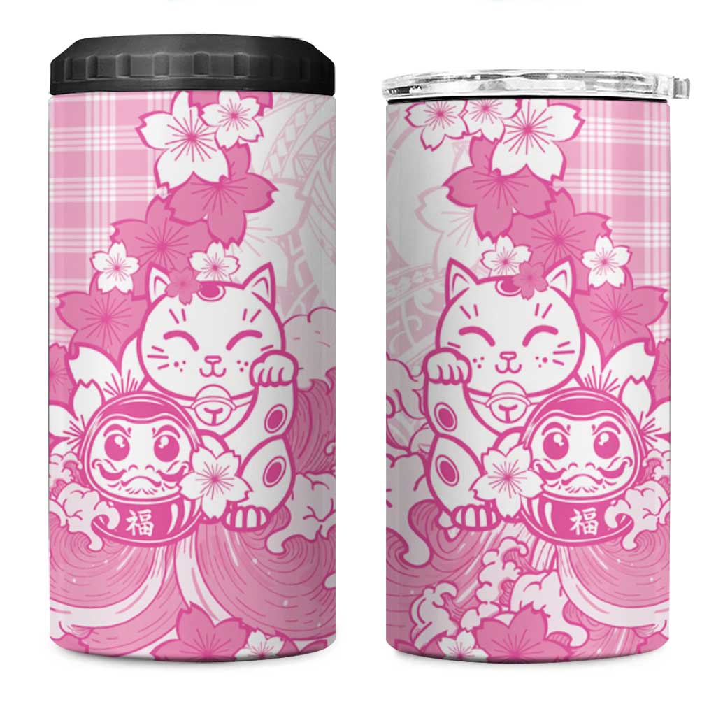 Pink Palaka Hawaiian And Japanese 4 in 1 Can Cooler Tumbler Maneki Neko And Sakura Bloom DT05 One Size: 16 oz Pink - Polynesian Pride