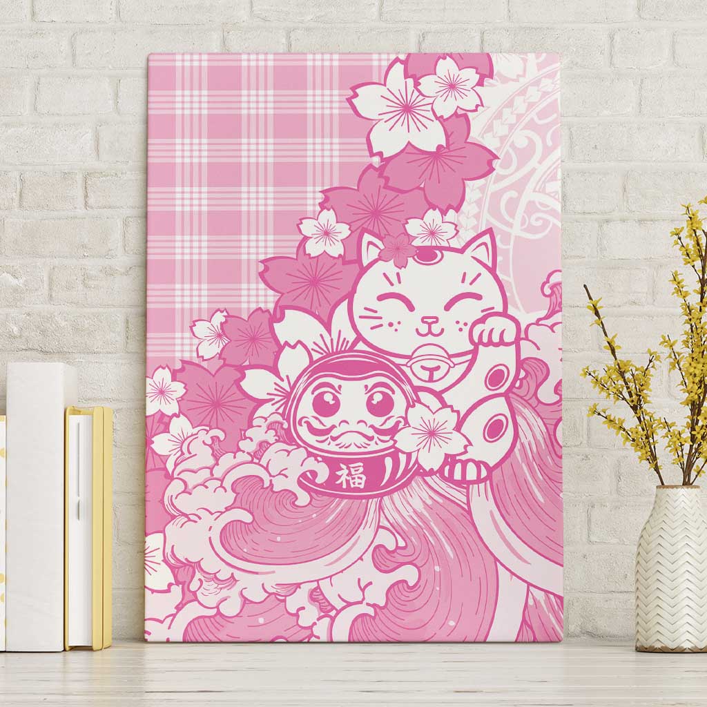 Pink Palaka Hawaiian And Japanese Canvas Wall Art Maneki Neko And Sakura Bloom DT05 Without Frame Pink - Polynesian Pride