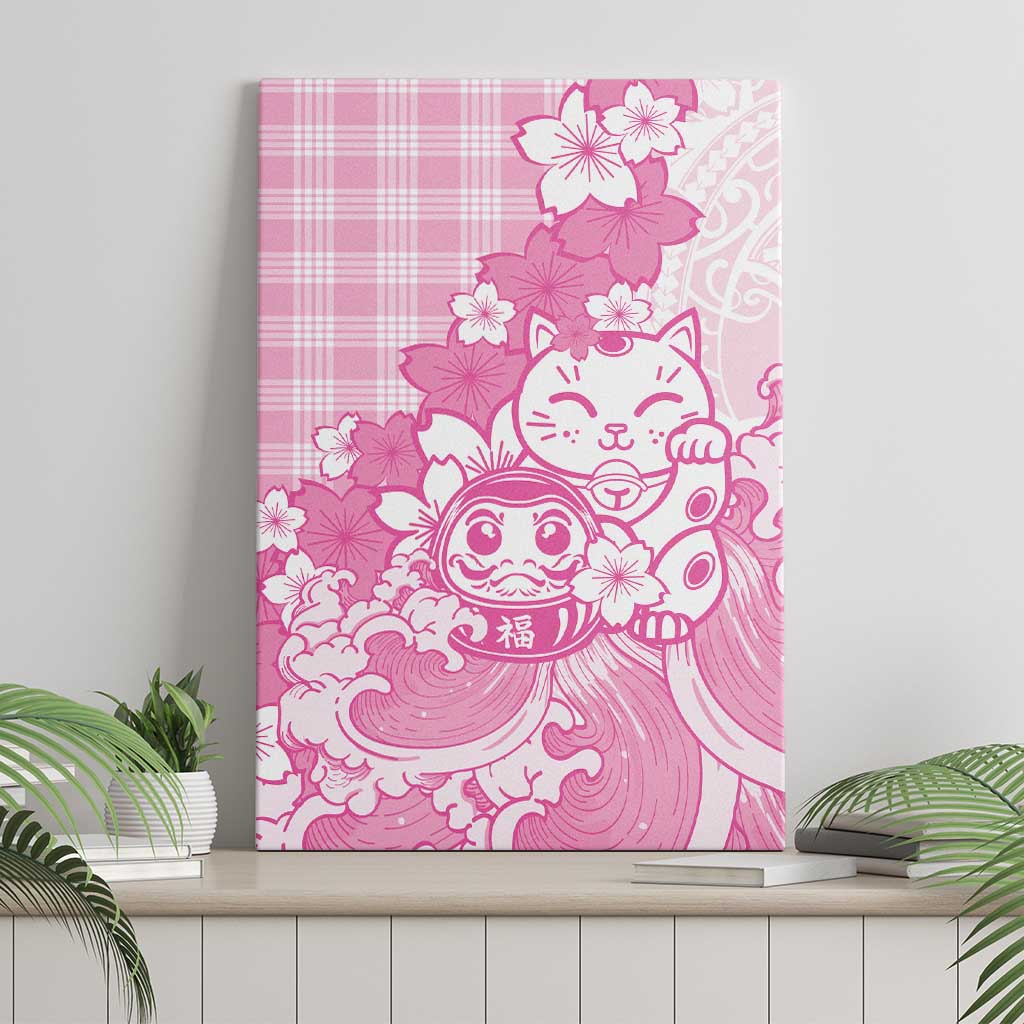 Pink Palaka Hawaiian And Japanese Canvas Wall Art Maneki Neko And Sakura Bloom DT05 - Polynesian Pride