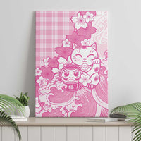 Pink Palaka Hawaiian And Japanese Canvas Wall Art Maneki Neko And Sakura Bloom DT05 - Polynesian Pride