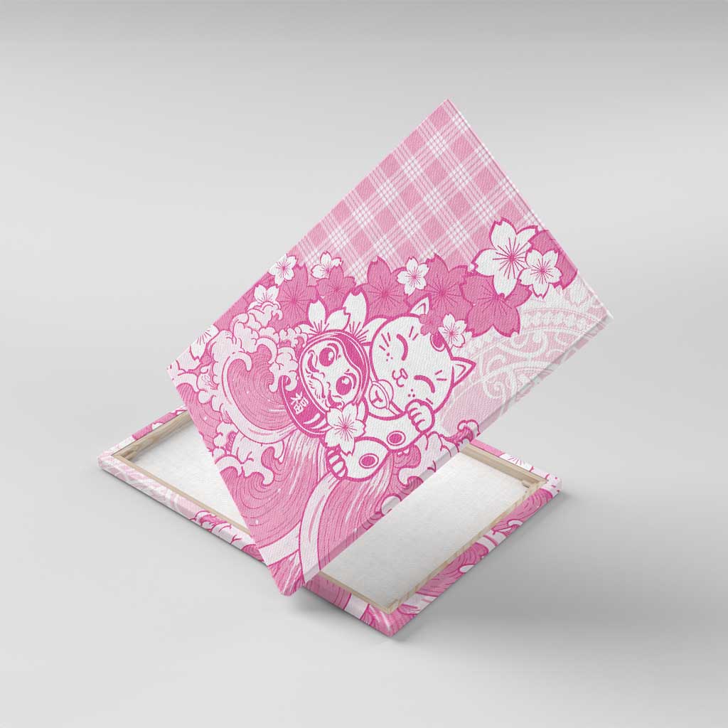 Pink Palaka Hawaiian And Japanese Canvas Wall Art Maneki Neko And Sakura Bloom DT05 With Frame Pink - Polynesian Pride