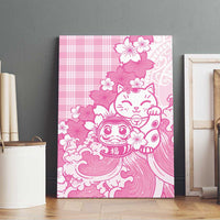 Pink Palaka Hawaiian And Japanese Canvas Wall Art Maneki Neko And Sakura Bloom DT05 - Polynesian Pride