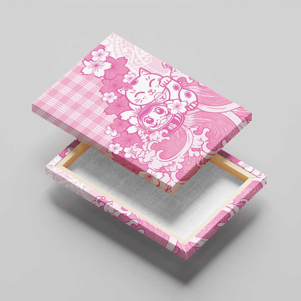 Pink Palaka Hawaiian And Japanese Canvas Wall Art Maneki Neko And Sakura Bloom DT05 - Polynesian Pride