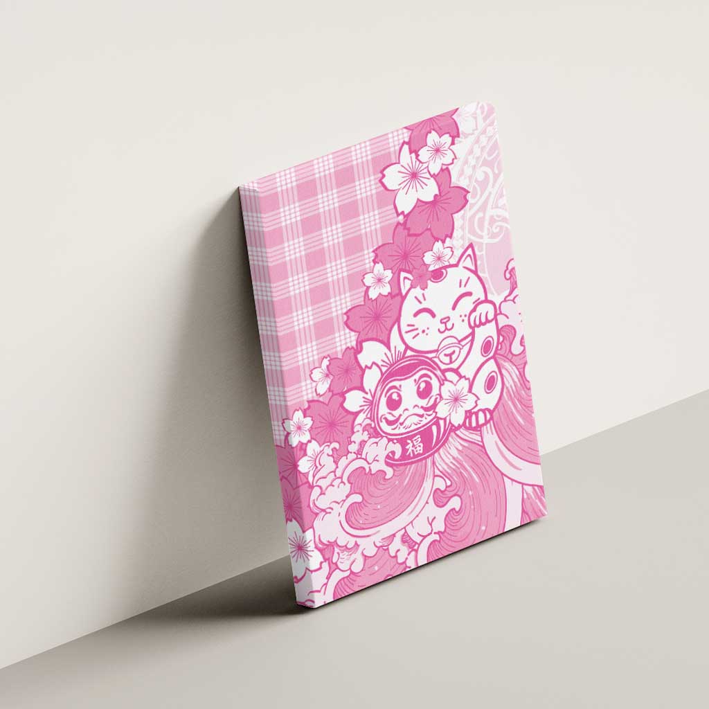 Pink Palaka Hawaiian And Japanese Canvas Wall Art Maneki Neko And Sakura Bloom DT05 - Polynesian Pride