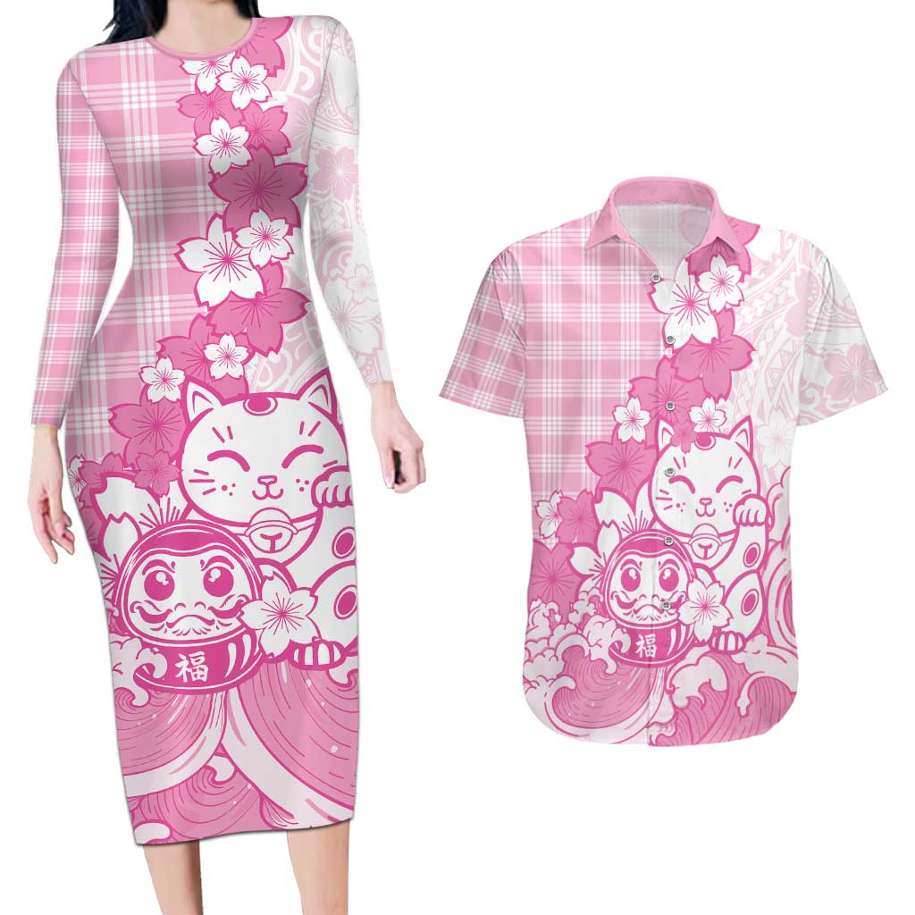 Pink Palaka Hawaiian And Japanese Couples Matching Long Sleeve Bodycon Dress and Hawaiian Shirt Maneki Neko And Sakura Bloom DT05 Pink - Polynesian Pride