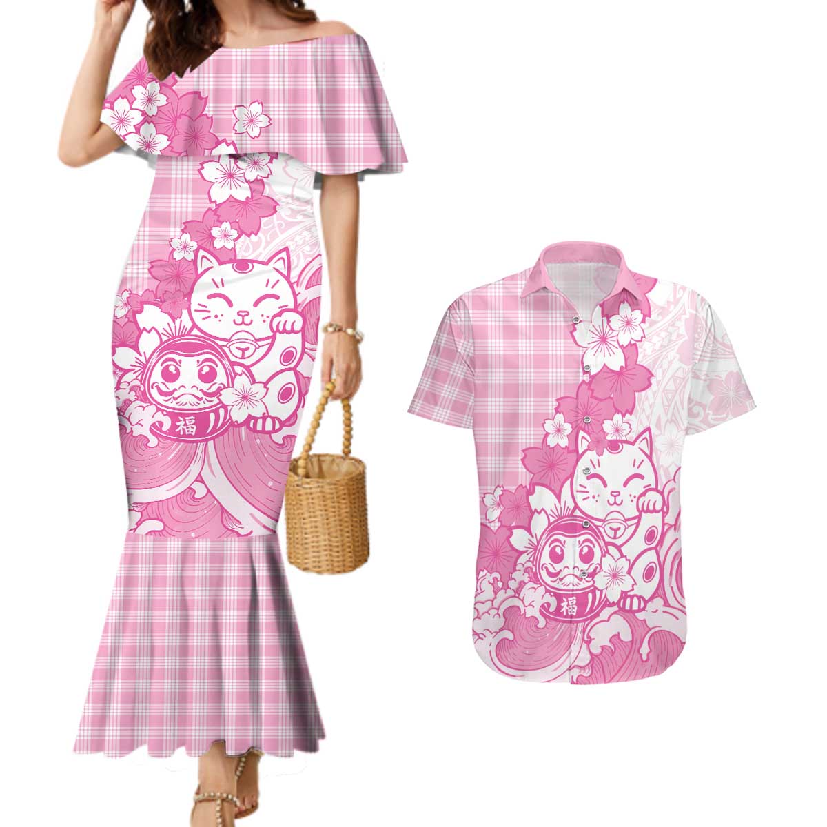 Pink Palaka Hawaiian And Japanese Couples Matching Mermaid Dress and Hawaiian Shirt Maneki Neko And Sakura Bloom