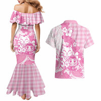 Pink Palaka Hawaiian And Japanese Couples Matching Mermaid Dress and Hawaiian Shirt Maneki Neko And Sakura Bloom