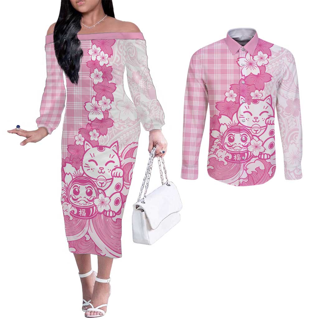 Pink Palaka Hawaiian And Japanese Couples Matching Off The Shoulder Long Sleeve Dress and Long Sleeve Button Shirt Maneki Neko And Sakura Bloom DT05 Pink - Polynesian Pride