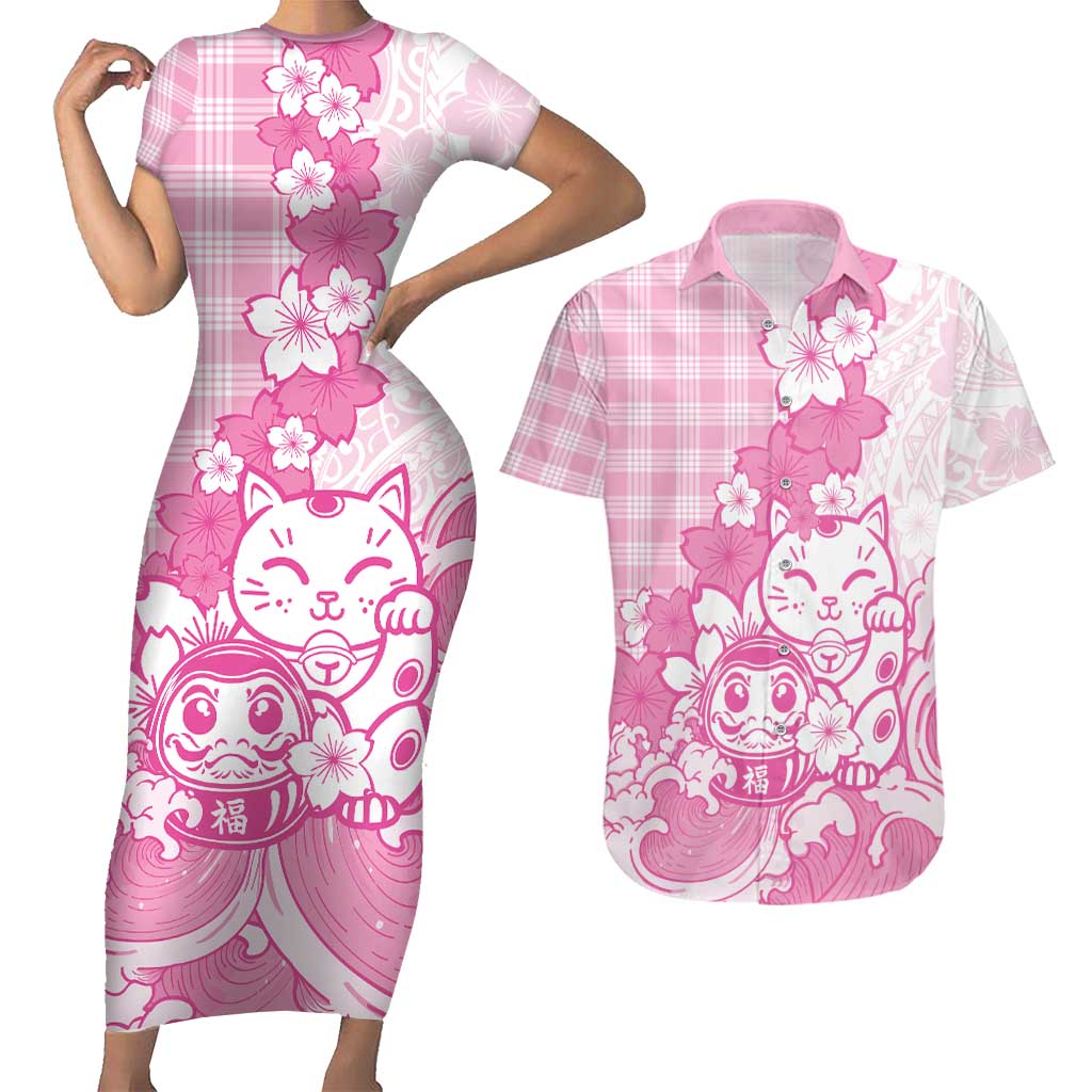 Pink Palaka Hawaiian And Japanese Couples Matching Short Sleeve Bodycon Dress and Hawaiian Shirt Maneki Neko And Sakura Bloom DT05 Pink - Polynesian Pride