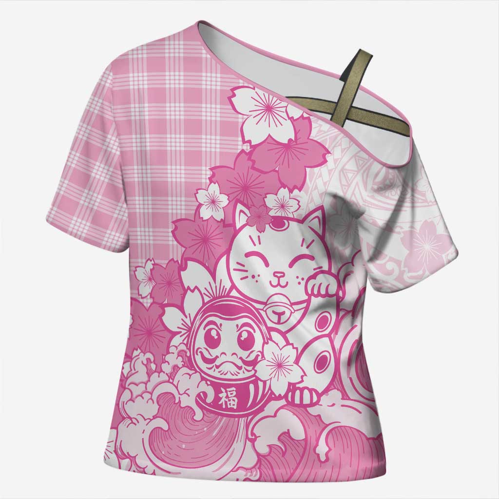 Pink Palaka Hawaiian And Japanese Cross Shoulder Shirt Maneki Neko And Sakura Bloom DT05 Female Pink - Polynesian Pride