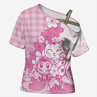 Pink Palaka Hawaiian And Japanese Cross Shoulder Shirt Maneki Neko And Sakura Bloom DT05 Female Pink - Polynesian Pride