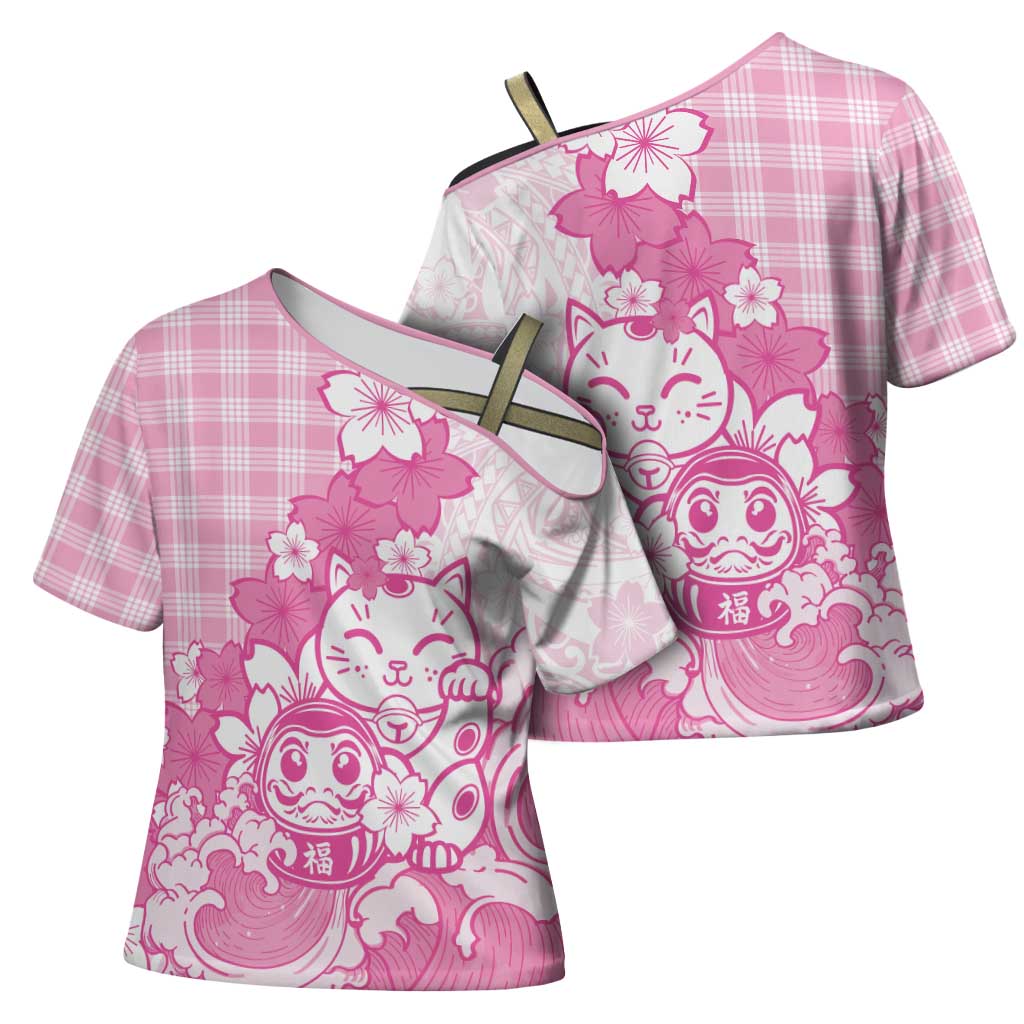 Pink Palaka Hawaiian And Japanese Cross Shoulder Shirt Maneki Neko And Sakura Bloom DT05 - Polynesian Pride