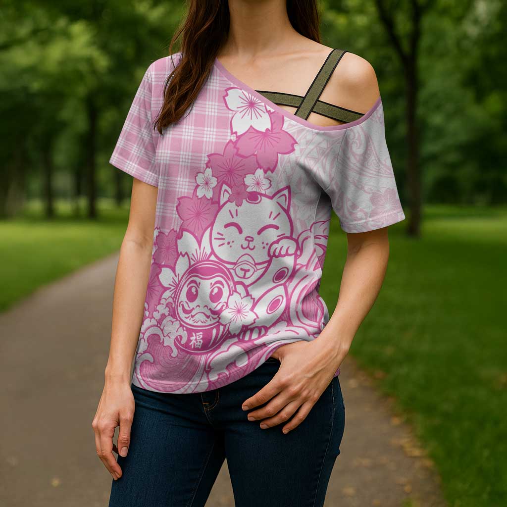 Pink Palaka Hawaiian And Japanese Cross Shoulder Shirt Maneki Neko And Sakura Bloom DT05 - Polynesian Pride