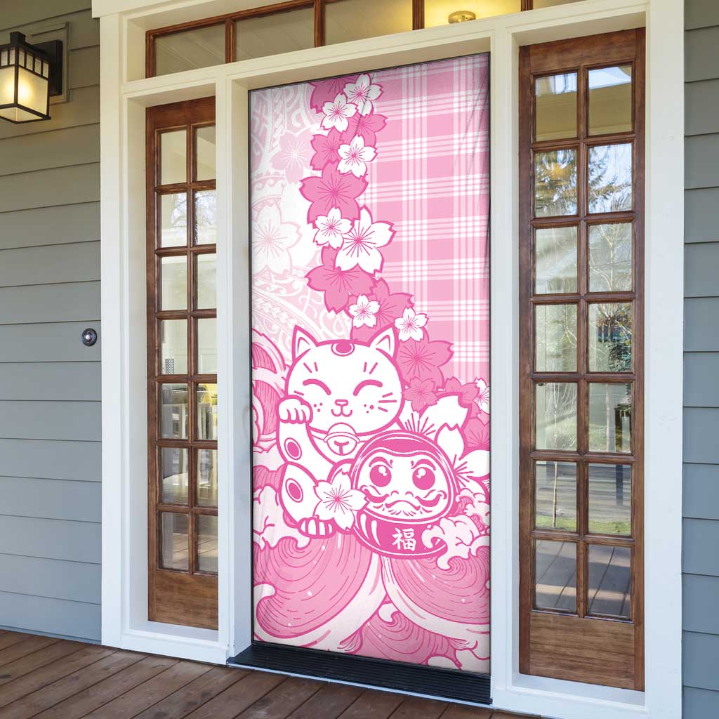 Pink Palaka Hawaiian And Japanese Door Cover Maneki Neko And Sakura Bloom DT05 - Polynesian Pride