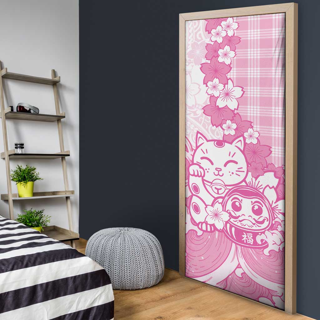 Pink Palaka Hawaiian And Japanese Door Cover Maneki Neko And Sakura Bloom DT05 - Polynesian Pride