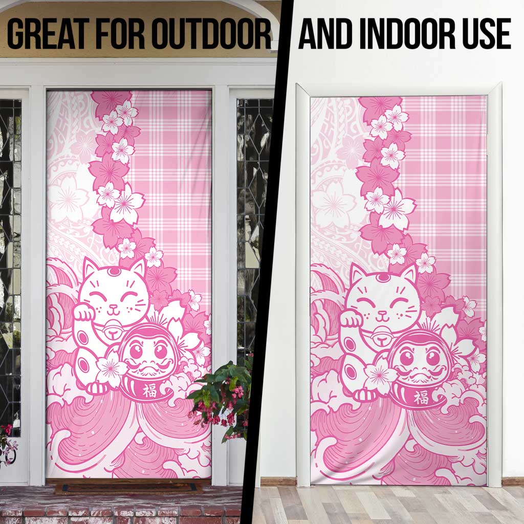 Pink Palaka Hawaiian And Japanese Door Cover Maneki Neko And Sakura Bloom DT05 - Polynesian Pride