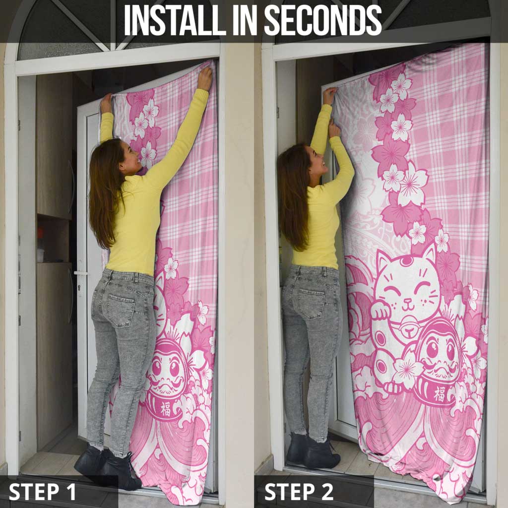 Pink Palaka Hawaiian And Japanese Door Cover Maneki Neko And Sakura Bloom DT05 - Polynesian Pride