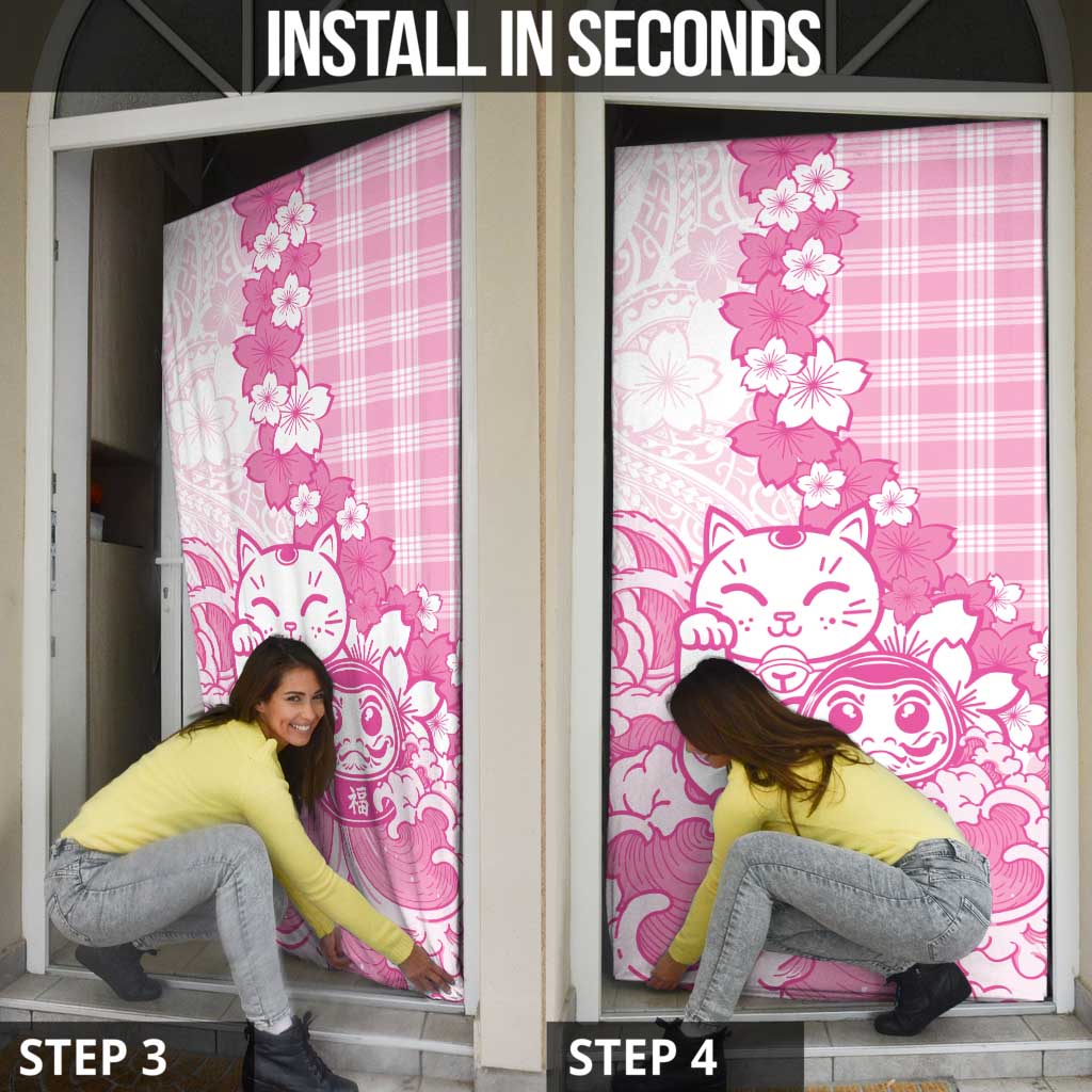 Pink Palaka Hawaiian And Japanese Door Cover Maneki Neko And Sakura Bloom DT05 - Polynesian Pride
