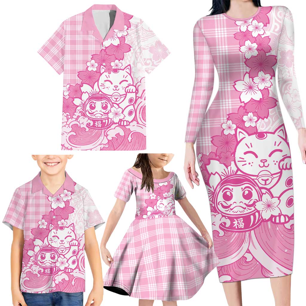 Pink Palaka Hawaiian And Japanese Family Matching Long Sleeve Bodycon Dress and Hawaiian Shirt Maneki Neko And Sakura Bloom DT05 - Polynesian Pride