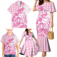 Pink Palaka Hawaiian And Japanese Family Matching Mermaid Dress and Hawaiian Shirt Maneki Neko And Sakura Bloom