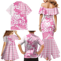 Pink Palaka Hawaiian And Japanese Family Matching Mermaid Dress and Hawaiian Shirt Maneki Neko And Sakura Bloom